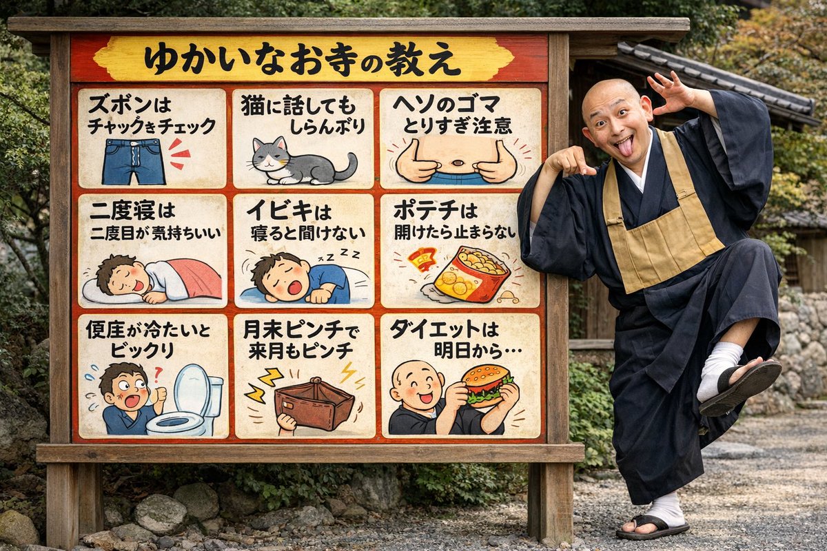 带有搞怪僧侣的趣味寺庙告示牌