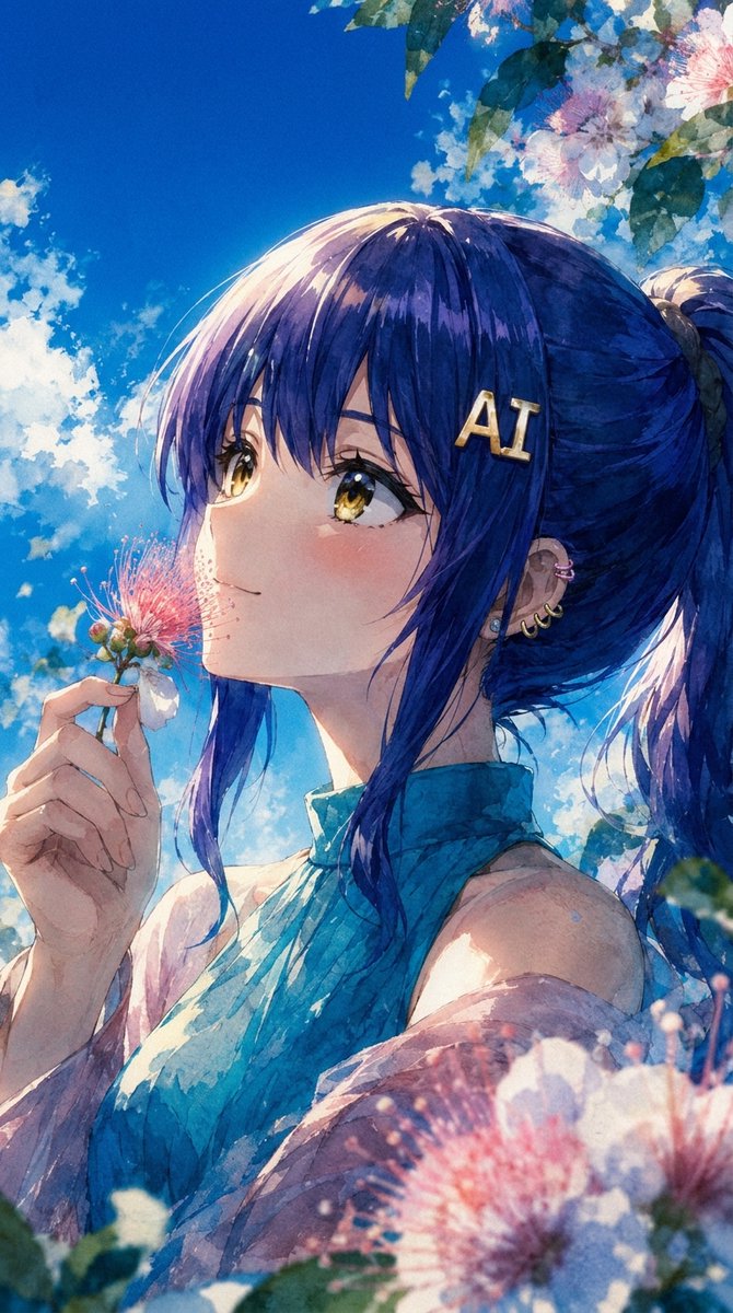 プロフィールアバター - 夏のアニメポートレートと合歓の花