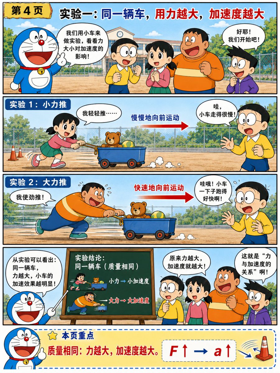 インフォグラフィック/教育ビジュアル - ドラえもんスタイルのニュートンの第二法則漫画