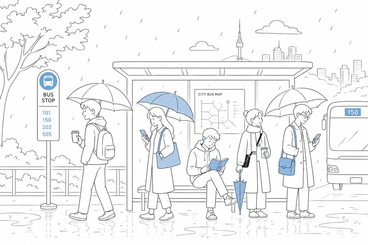 인포그래픽 / 교육 시각자료 - 비 오는 도시 버스 정류장 출퇴근