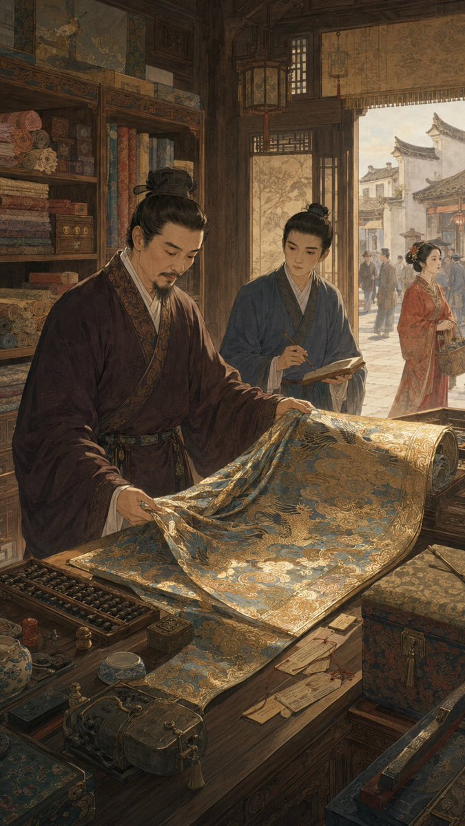 Comic/Storyboard - Innenansicht eines alten chinesischen Seidengeschäfts
